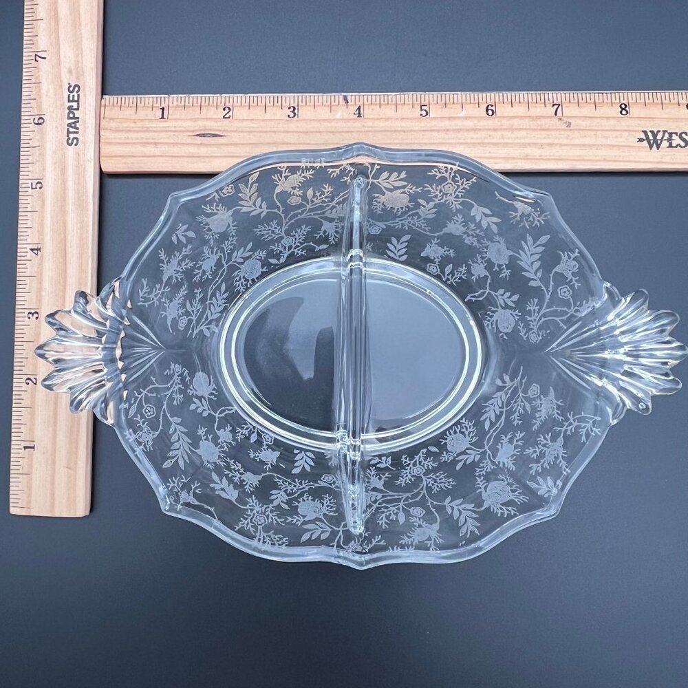 Vintage Fostoria Baroque Navarre Etched Glass Divided Serving Dish Floral Design - Picture 13 of 15